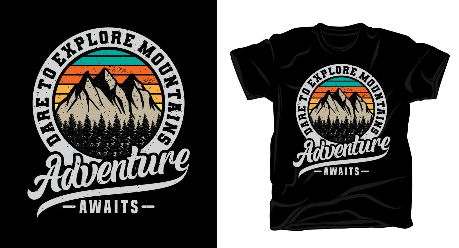 l'avventura attende la tipografia con il design della t-shirt vintage delle montagne vettore