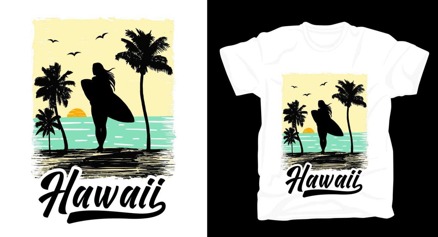 illustrazione della silhouette di surf da spiaggia con design t-shirt tipografia hawaii vettore