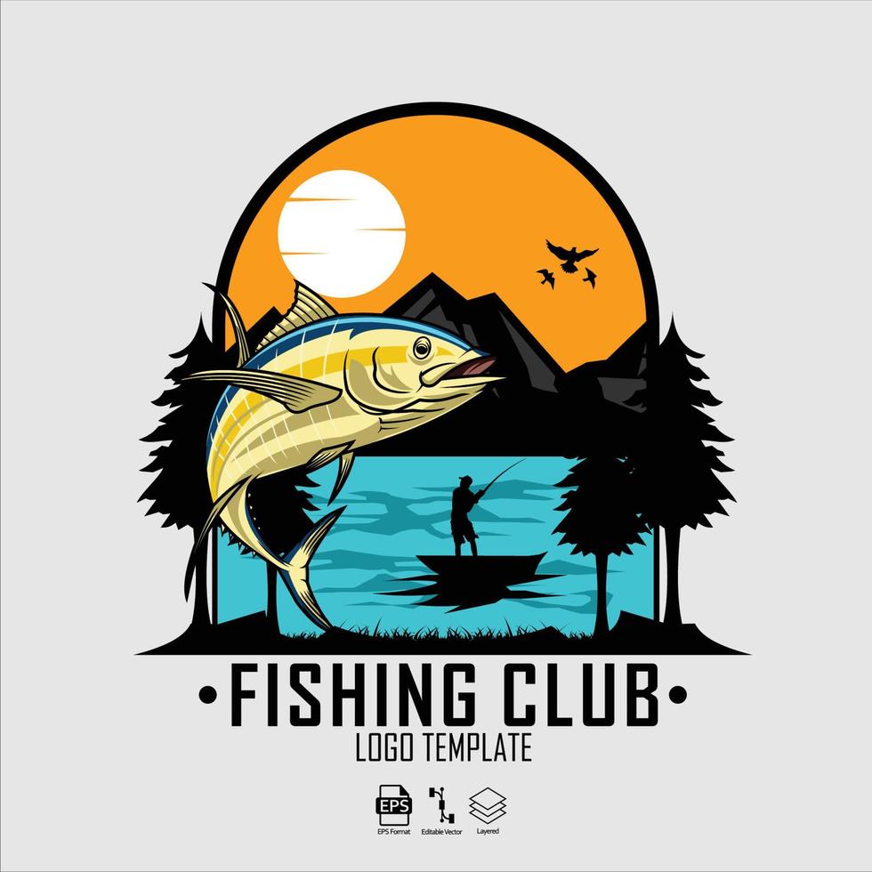 modello di logo del club di pesca con uno sfondo grigio.eps vettore