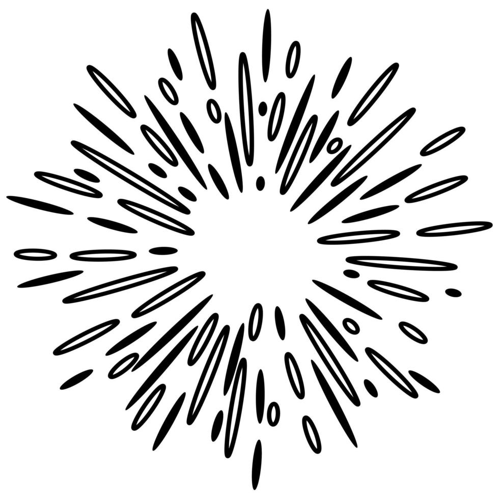 starburst, sunburst disegnato a mano. elemento di design fuochi d'artificio raggi neri. effetto esplosione comica. linee radianti, radiali. vettore
