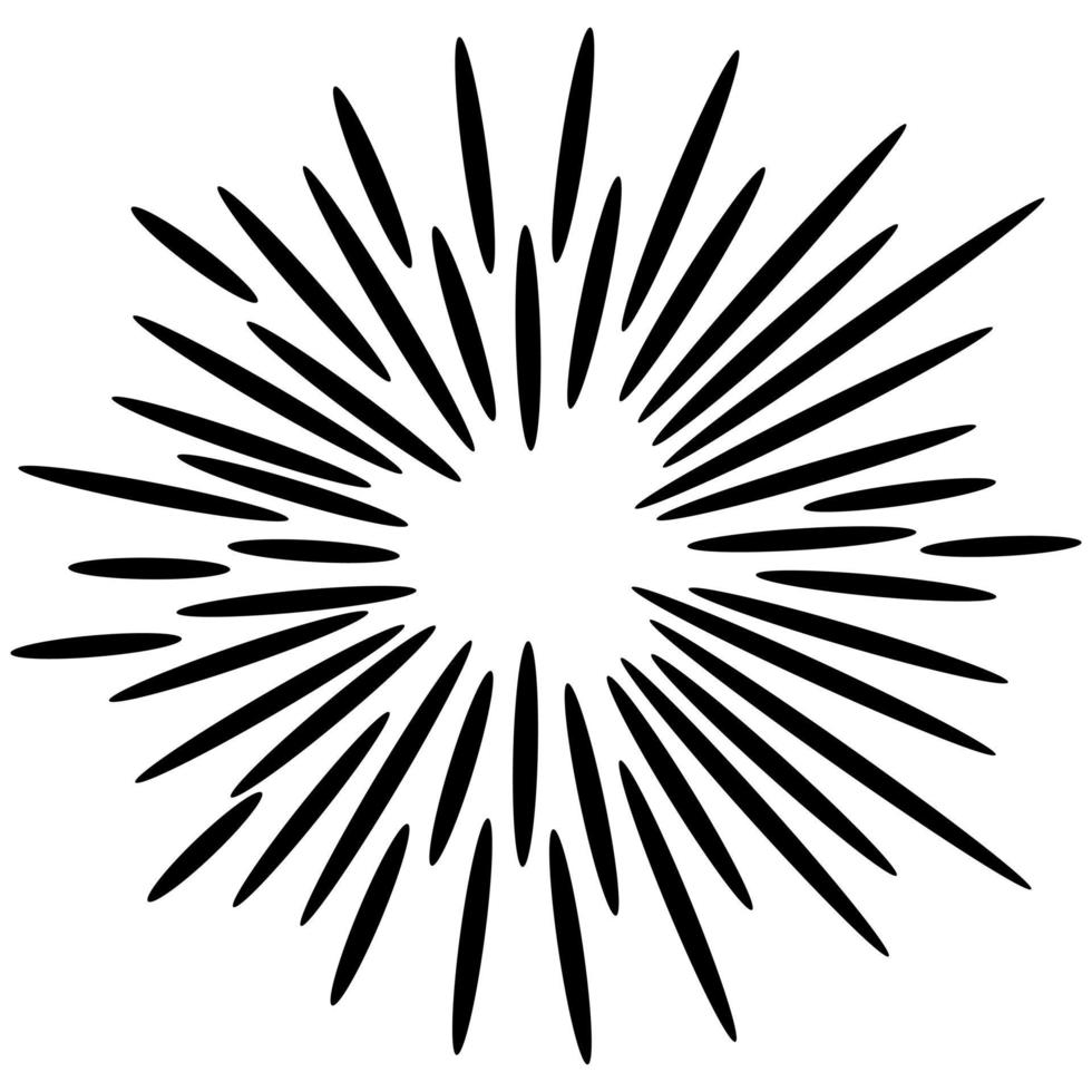 starburst, sunburst disegnato a mano. elemento di design fuochi d'artificio raggi neri. effetto esplosione comica. linee radianti, radiali. vettore