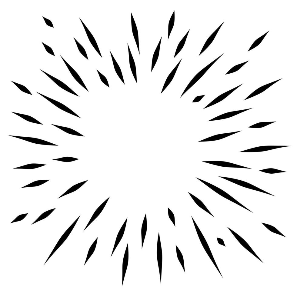 starburst, sunburst disegnato a mano. elemento di design fuochi d'artificio raggi neri. effetto esplosione comica. linee radianti, radiali. vettore