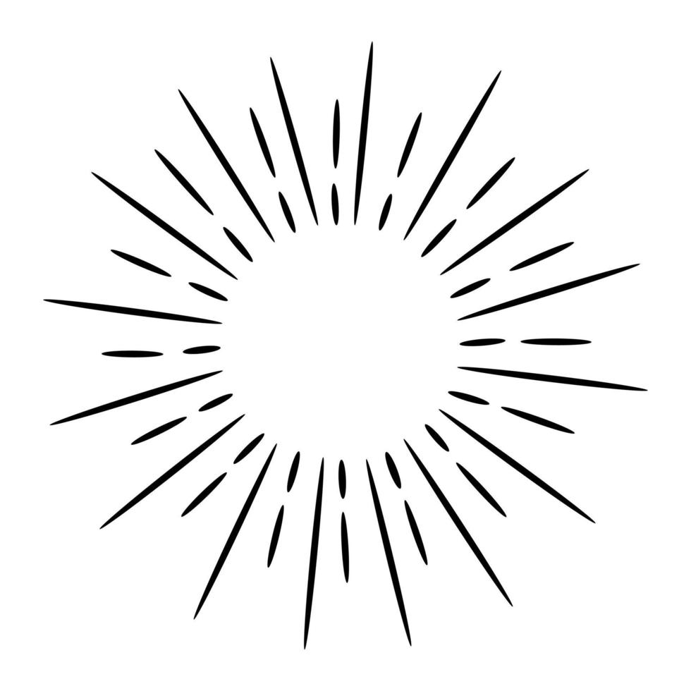 starburst, sunburst disegnato a mano. elemento di design fuochi d'artificio raggi neri. effetto esplosione comica. linee radianti, radiali. vettore