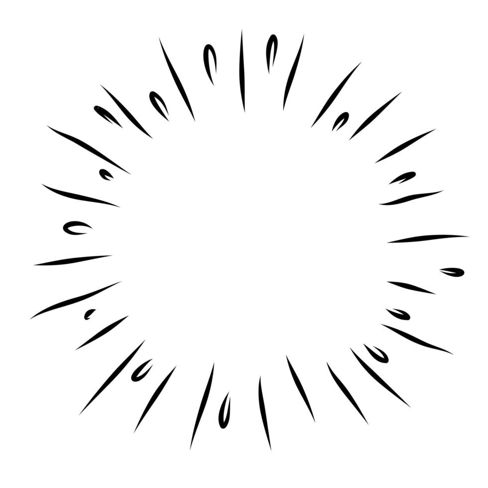 starburst, sunburst disegnato a mano. elemento di design fuochi d'artificio raggi neri. effetto esplosione comica. linee radianti, radiali. vettore