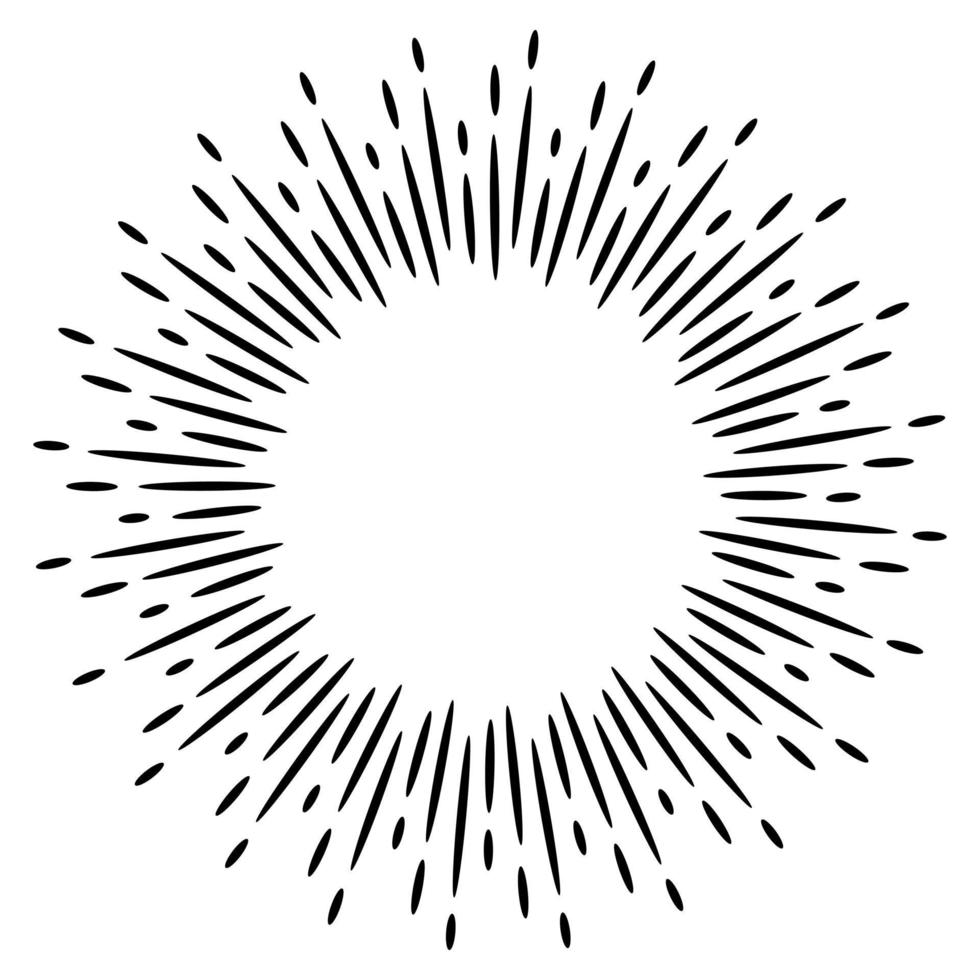 starburst, sunburst disegnato a mano. elemento di design fuochi d'artificio raggi neri. effetto esplosione comica. linee radianti, radiali. vettore