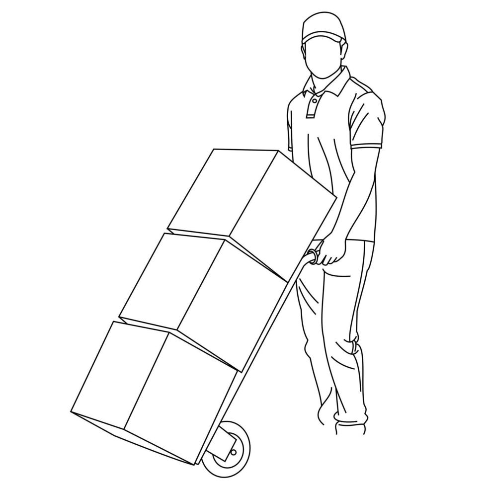 illustrazione disegni al tratto un corriere maschio che tiene un cartone in piedi. corriere di consegna con scatole di cartone. il fattorino è pronto a spingere un sacco di scatole di cartone usando un carrello vettore