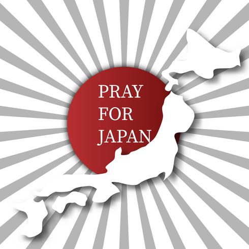 Prega per il Giappone. Concetto di sfondo astratto. Il sole grigio bianco del punto rosso ha scoppiato la priorità bassa. Per la pubblicità fare donazioni di terremoto inondazioni e tsunami nella città di Hokkaido Kumamoto in Giappone mappa vettore