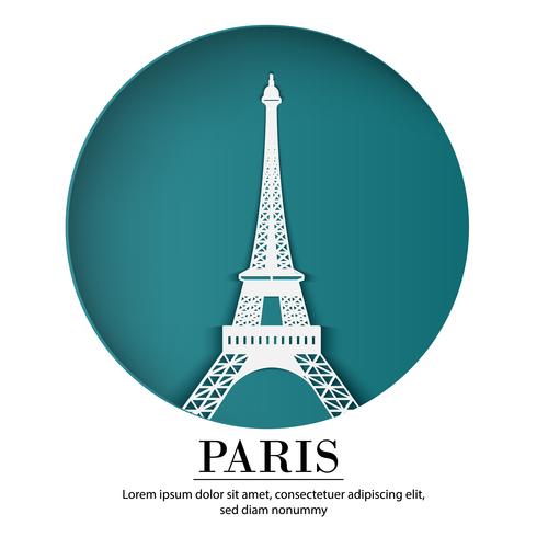 La città francese di Parigi nell&#39;arte della carta del mestiere digitale. Scena notturna Concetto di punto di riferimento di viaggio e destinazione. Stile banner Papercraft vettore