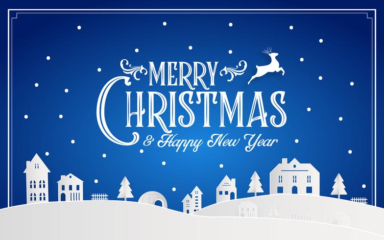 Buon Natale e felice anno nuovo 2019 di città natale nevoso con messaggio di carattere tipografia. Arte di carta di colore blu e artigianato digitale Illustrazione vettoriale celebrare carta da parati invito carta. Vacanze invernali