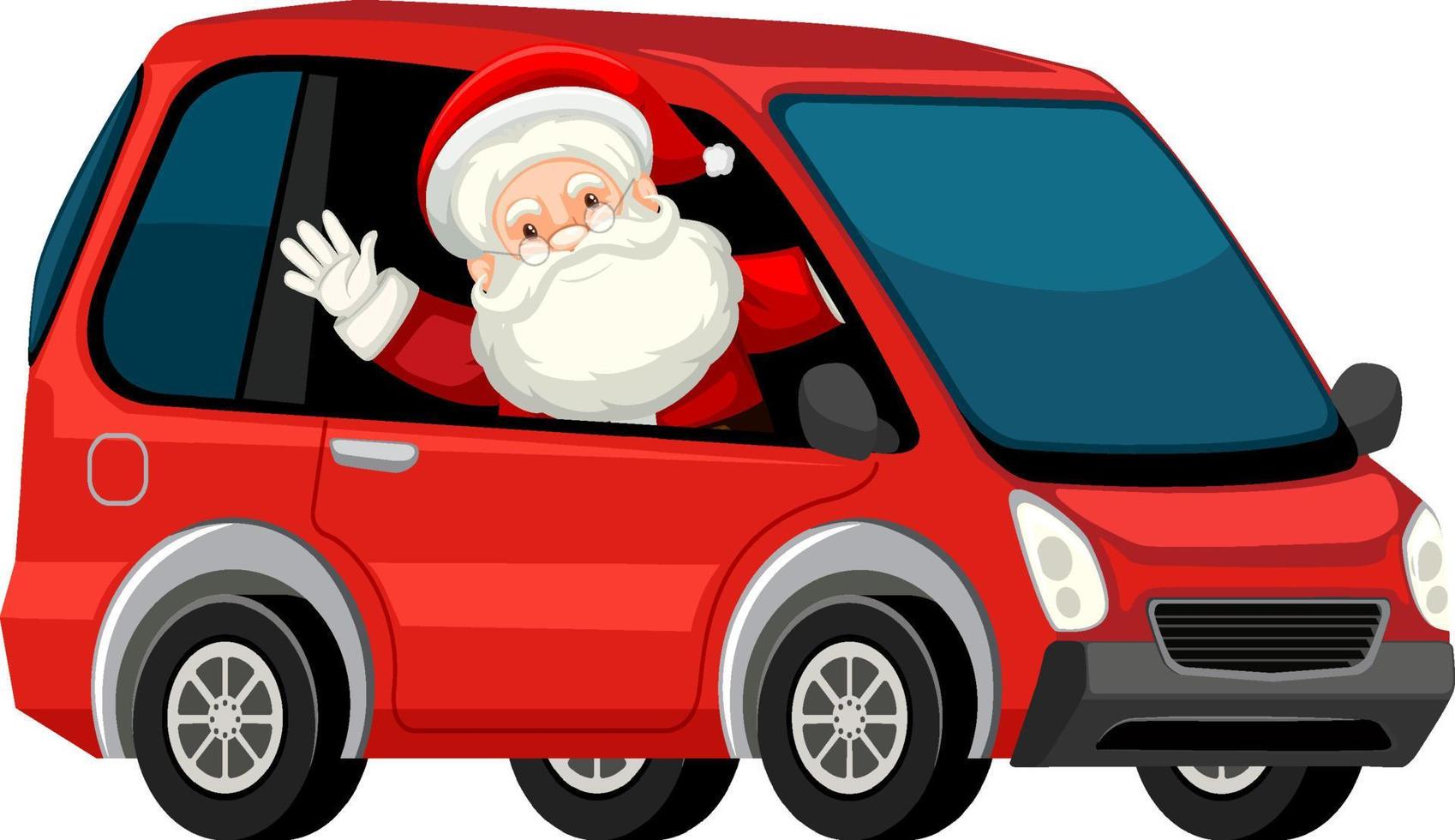 Babbo Natale alla guida di un'auto rossa in stile cartone animato vettore