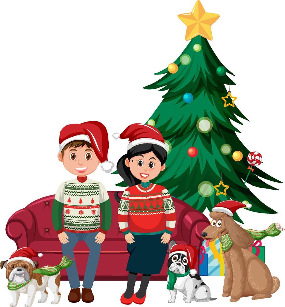 coppia carina e i loro cani che indossano abiti natalizi vettore
