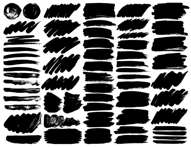 Grande set di pennellate, pennellate di inchiostro nero grunge. Illustrazione vettoriale