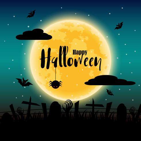 Felice giorno di Halloween con la luna piena in background. Pipistrelli e elementi di ragno e cadavere. Concetto di festa e festival. Tema fantasma e horror. Biglietto d&#39;auguri e tema decorativo. Illustrazione vettoriale