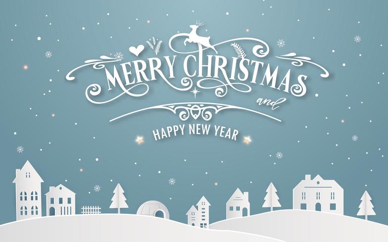 Buon Natale e felice anno nuovo di città natale nevoso con tipografia font sfondo messaggio inverno blu pastello colore. L&#39;arte di carta e il mestiere digitale Il vettore dell&#39;illustrazione celebra il tema della carta dell&#39;invito