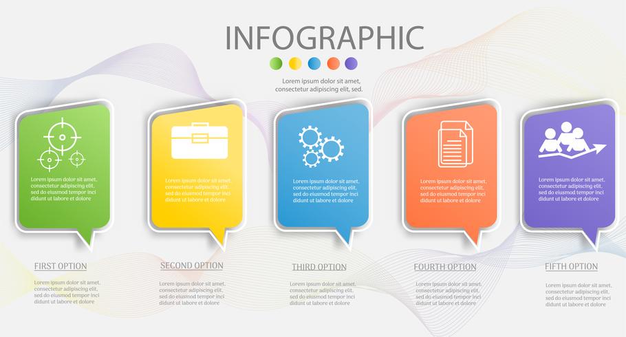 Elemento infographic del grafico di punti del modello 5 di affari di progettazione con la data del posto per le presentazioni, Vector EPS10.