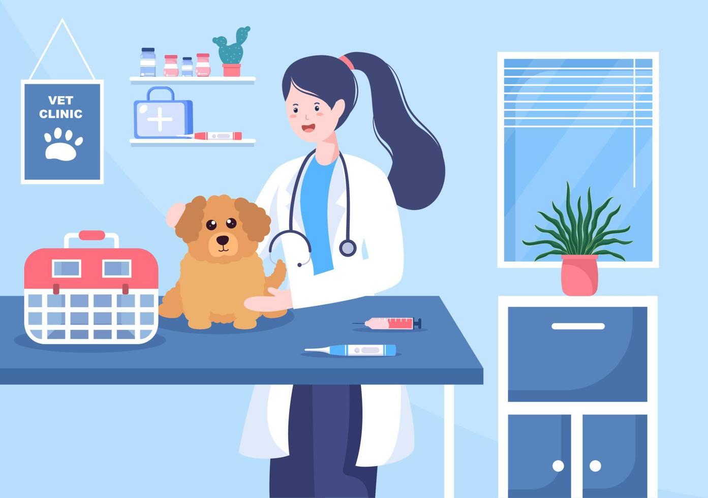 clinica veterinaria esame medico, vaccinazione e assistenza sanitaria per animali domestici come cani e gatti in cartone animato piatto illustrazione vettoriale per poster o banner