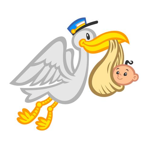 Uccello della cicogna di volo del fumetto che trasporta un bambino vettore