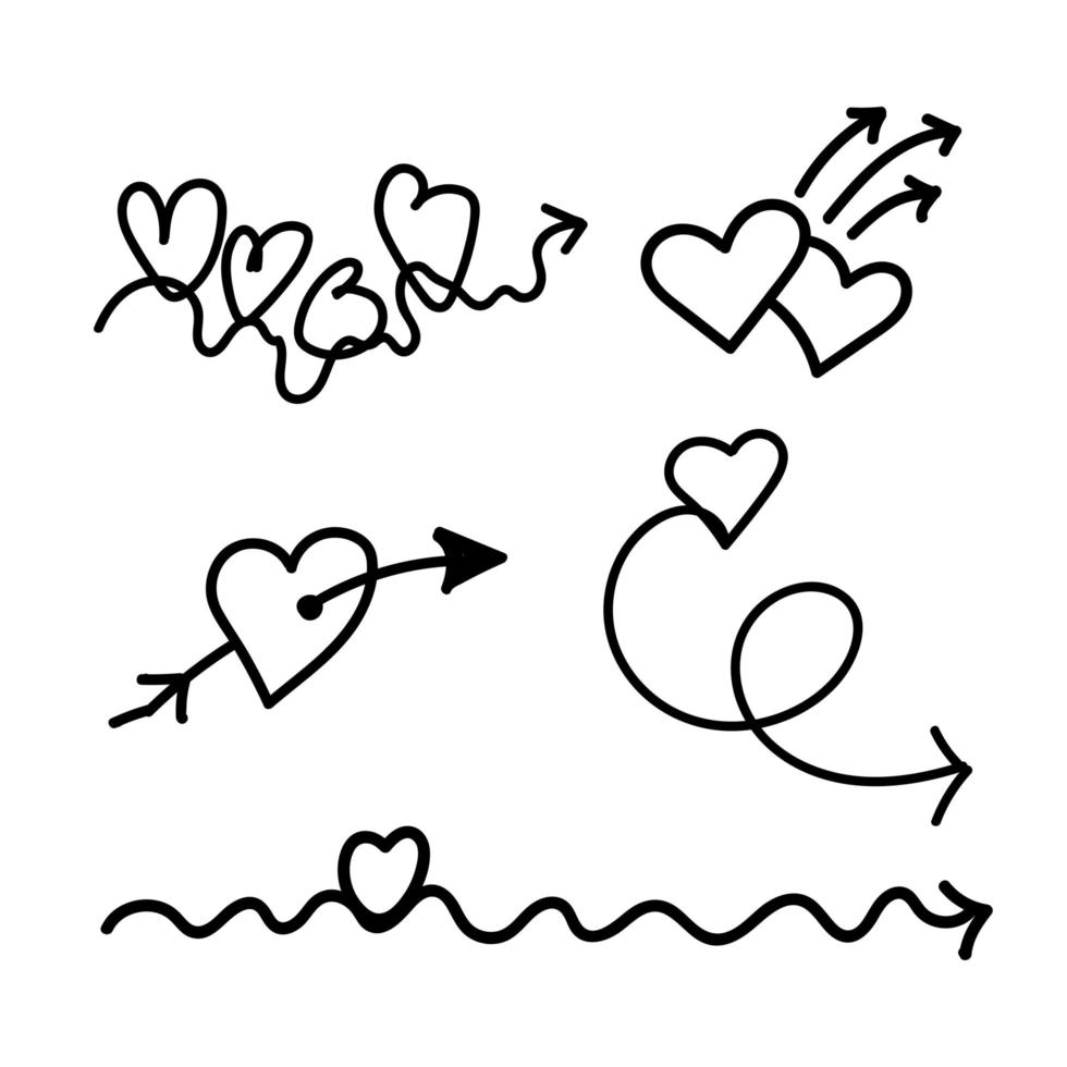 set lineare doodle icona amore freccia con cuori. puntatore d'amore, traiettoria, mi piace. elemento di design vettoriale per social media, San Valentino e disegni romantici