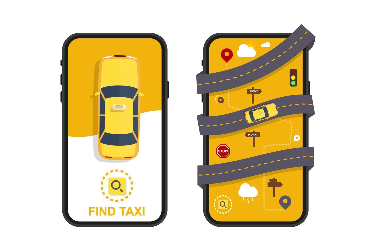 servizio taxi per app mobile. smartphone con auto gialla e strada sullo schermo. mockup vettoriale in design piatto