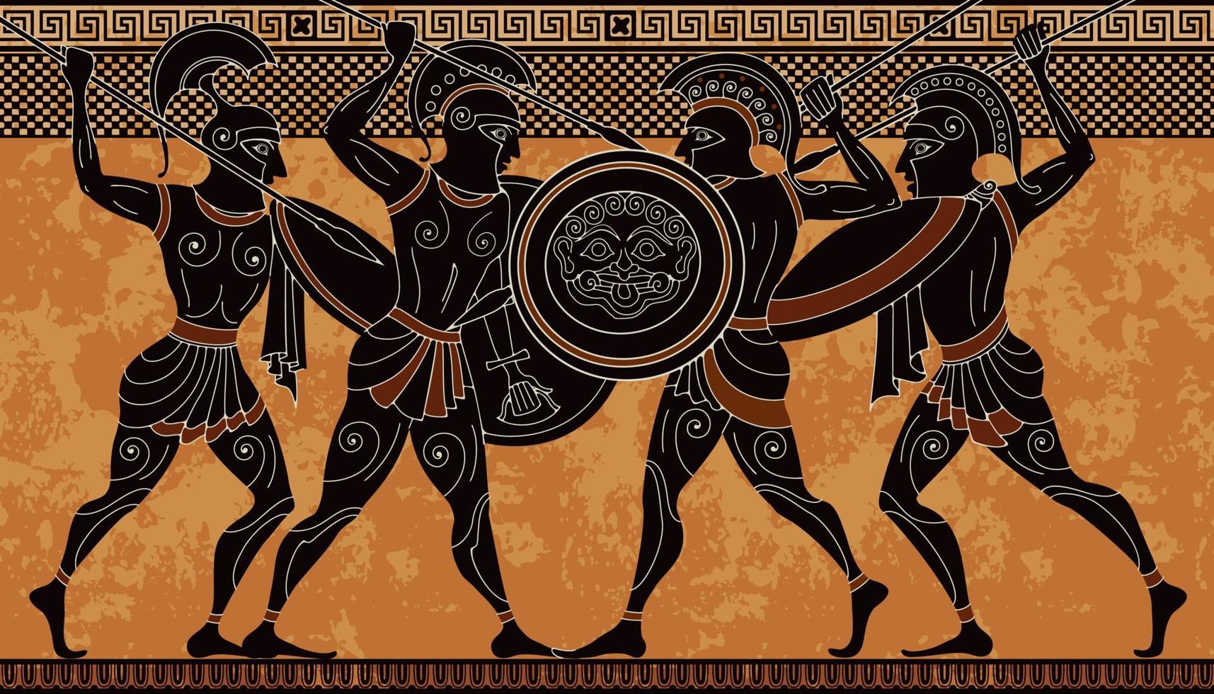 antico mito, ceramica a figure nere, antico guerriero e mostro, vettore