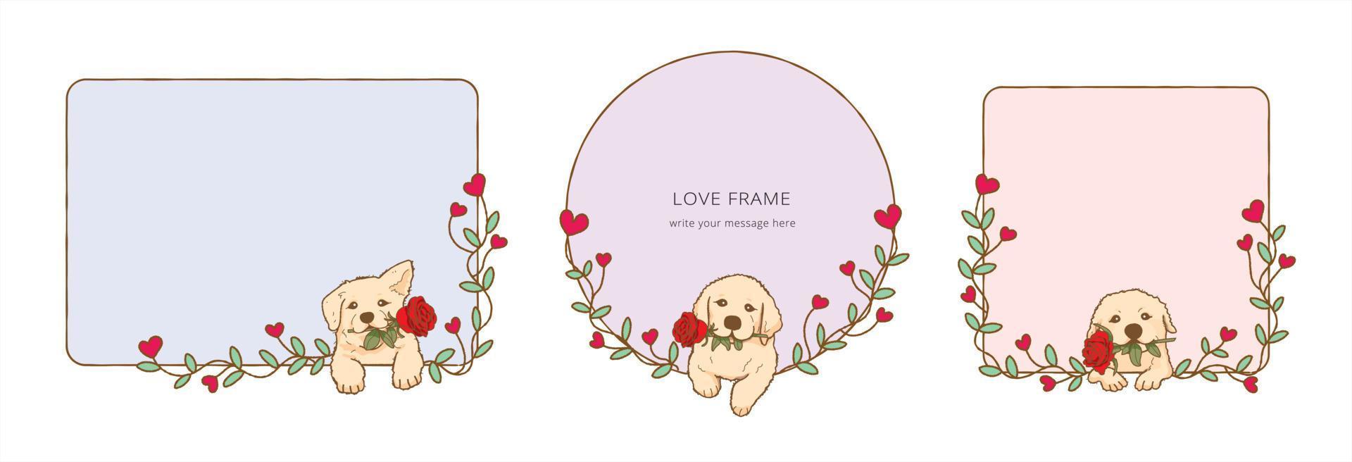 cornice con cartone animato cane golden retriever che tiene in bocca un fiore di rosa rossa, adorabile cane innamorato il giorno di San Valentino dà cornice illustrazione regalo vettore