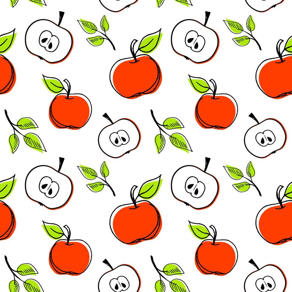 Mele rosse disegnate a mano senza cuciture modello frutta sfondo piatto stile design illustrazione vettoriale isolato su sfondo bianco con foglie e nucleo affettato.