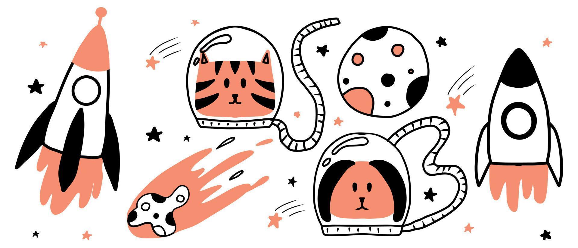 set di elementi spaziali disegnati a mano per bambini. astronauta cane e gatto. impostato per l'asilo nido. vettore