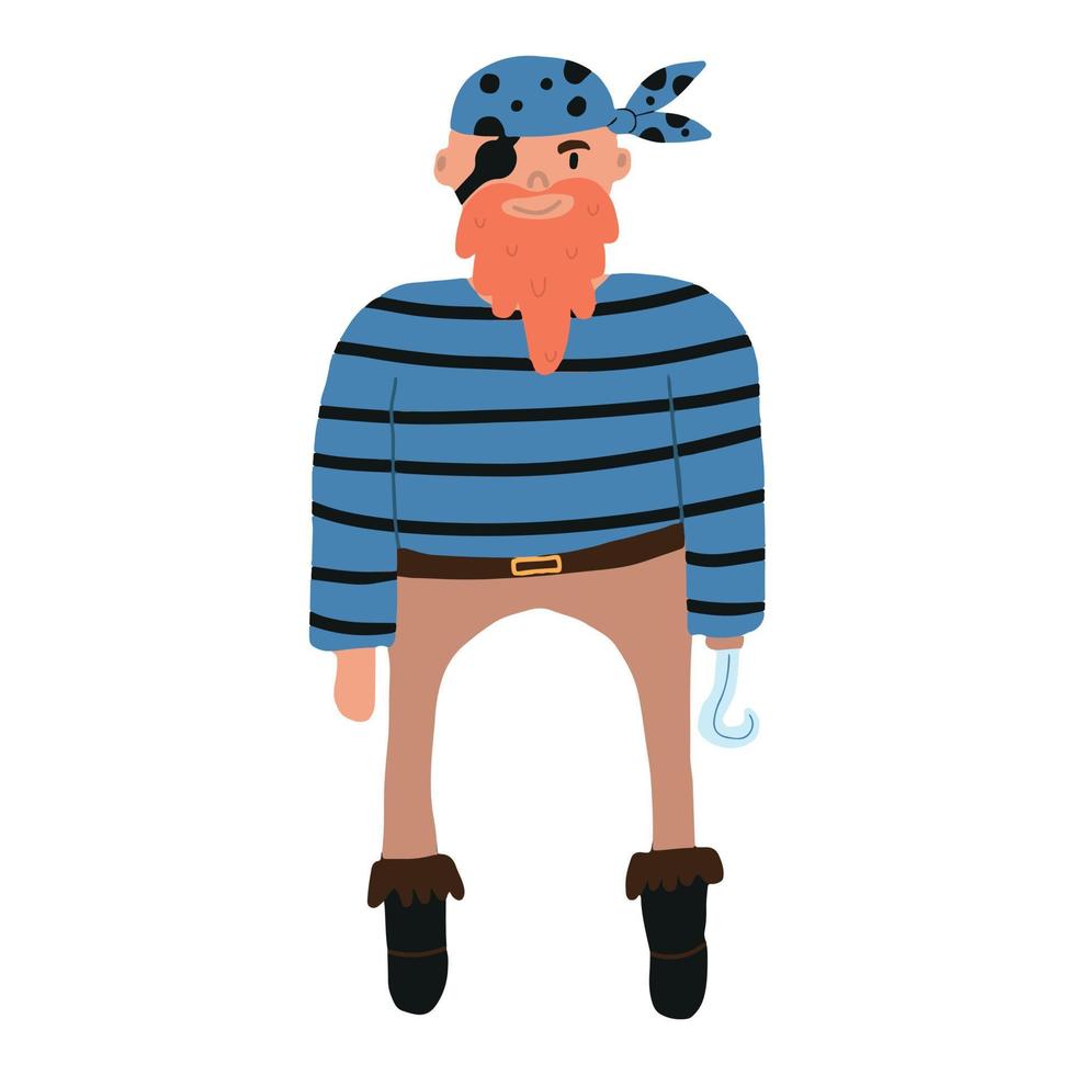 illustrazione vettoriale di carino pirata maschio con la barba rossa. pirata con gancio e gilet.