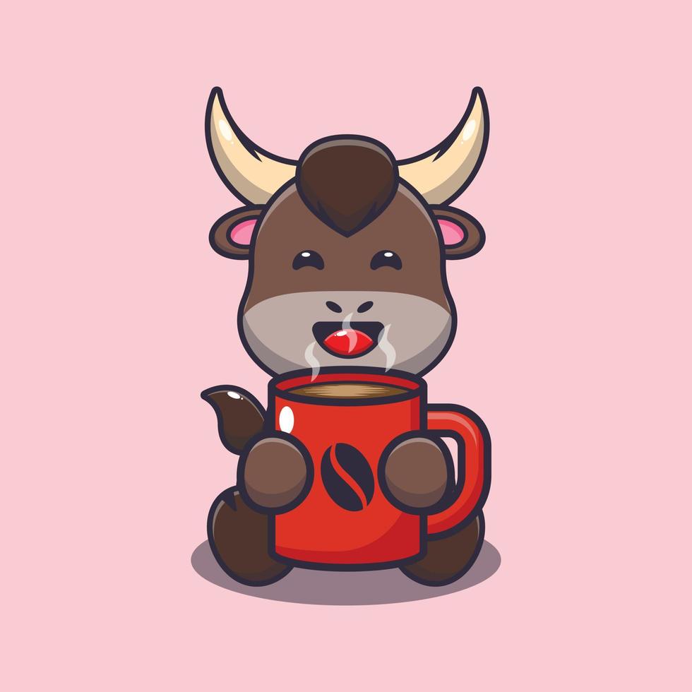 illustrazione del fumetto della mascotte del toro carino con caffè caldo vettore