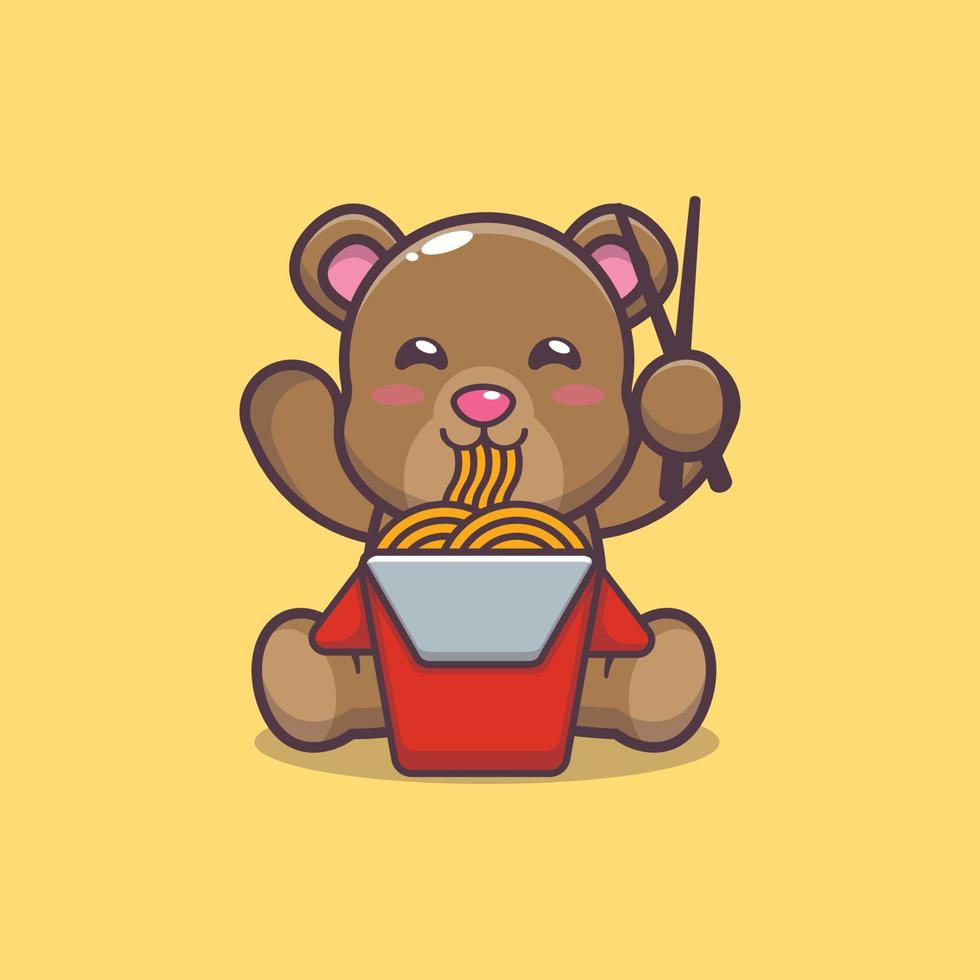 carino orso mascotte cartone animato illustrazione mangiare noodle vettore