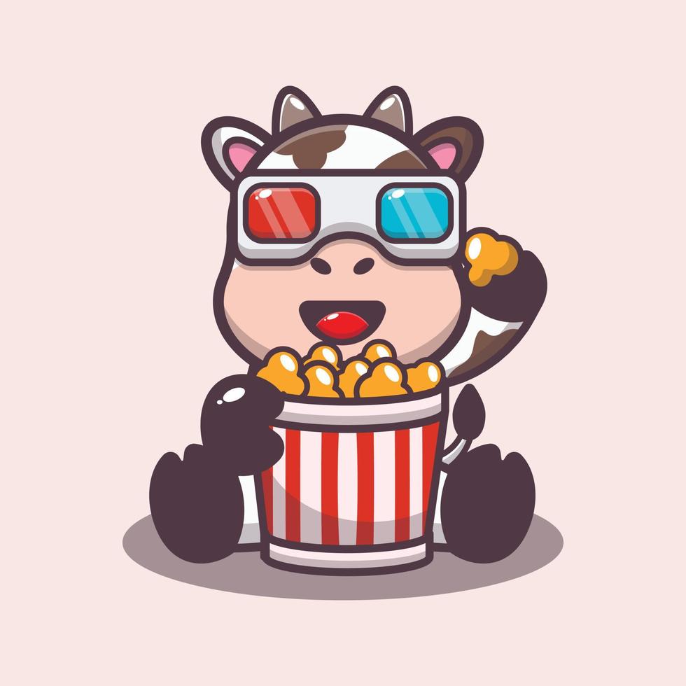 illustrazione del fumetto della mascotte della mucca sveglia che mangia popcorn e guarda il film 3d vettore