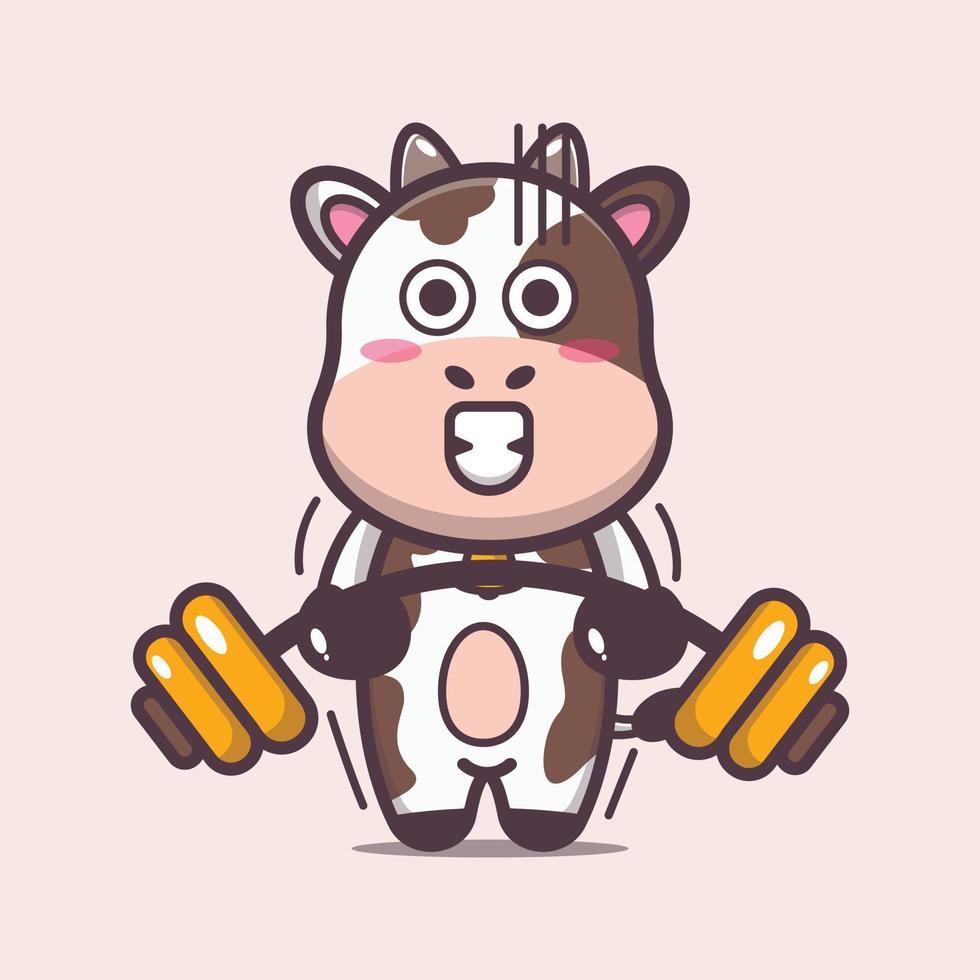 illustrazione del fumetto della mascotte della mucca sveglia che solleva il bilanciere vettore