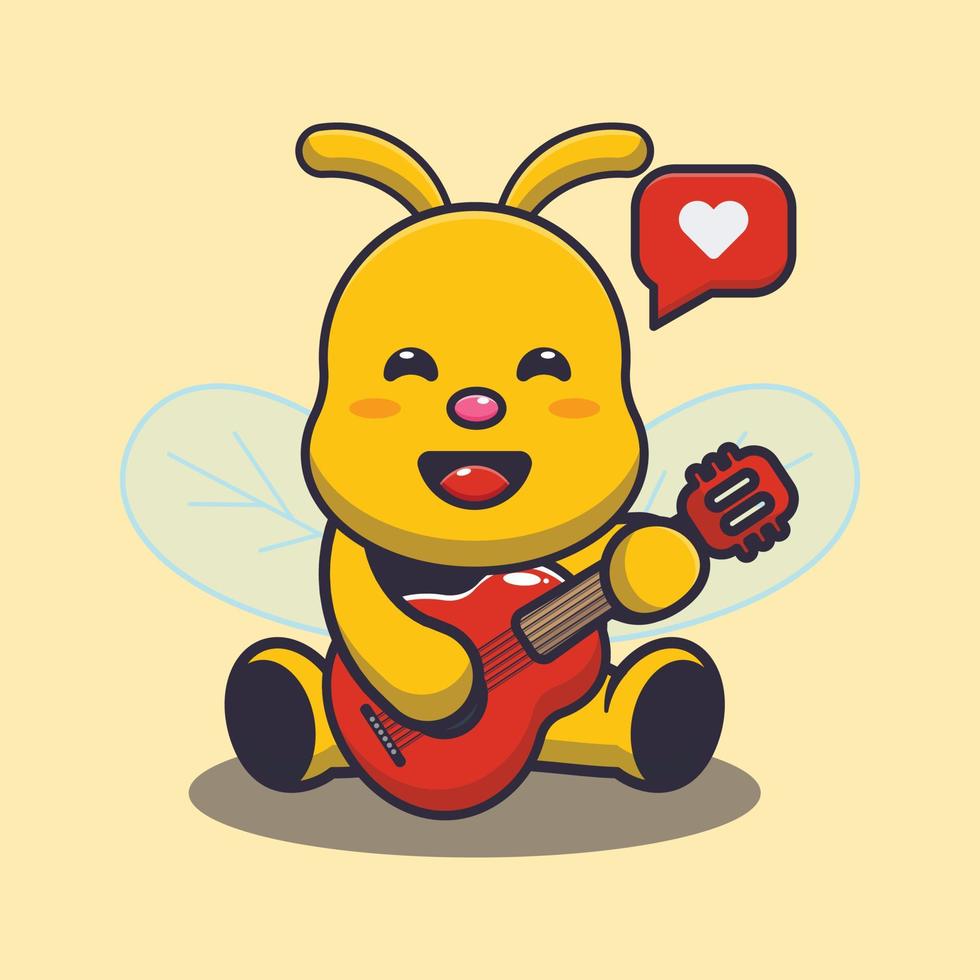 illustrazione del fumetto della mascotte dell'ape sveglia che suona la chitarra vettore