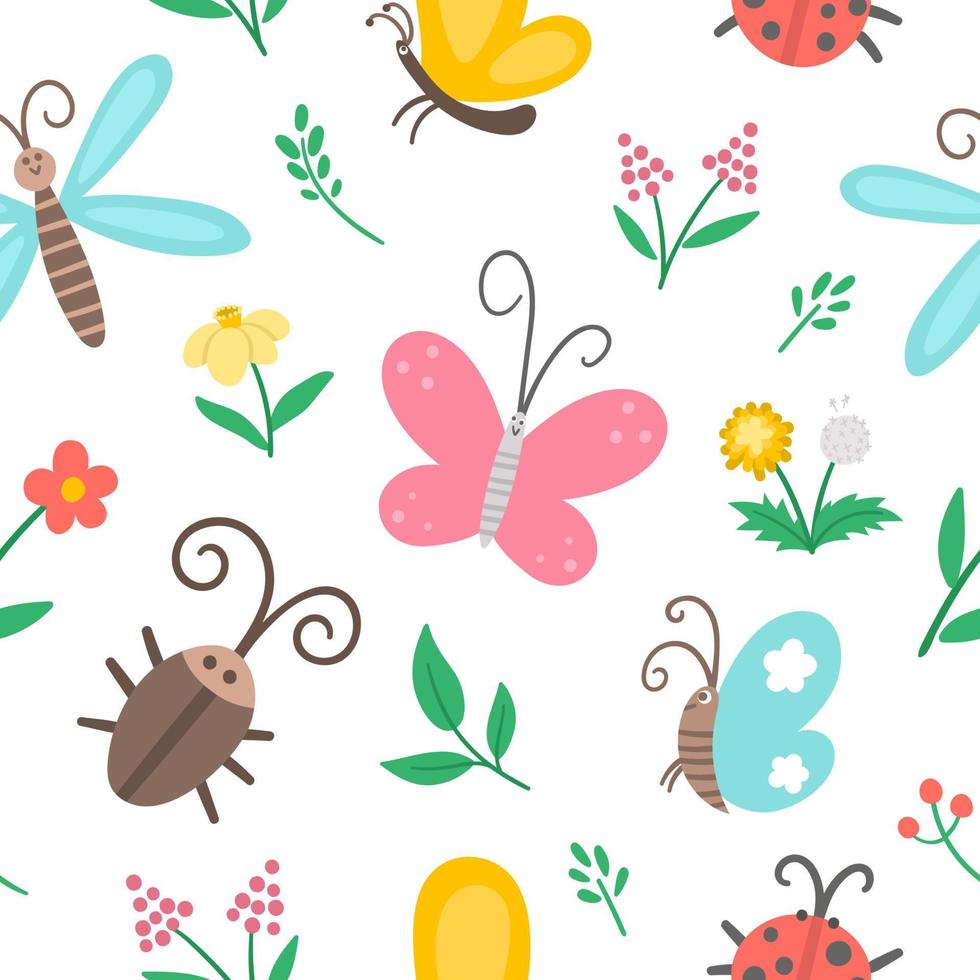 vettore piatto insetto e primo fiore senza cuciture. divertente giardino primaverile ripetendo lo sfondo. simpatica coccinella, farfalla, scarabeo, carta digitale per bambini. trama di insetti e piante