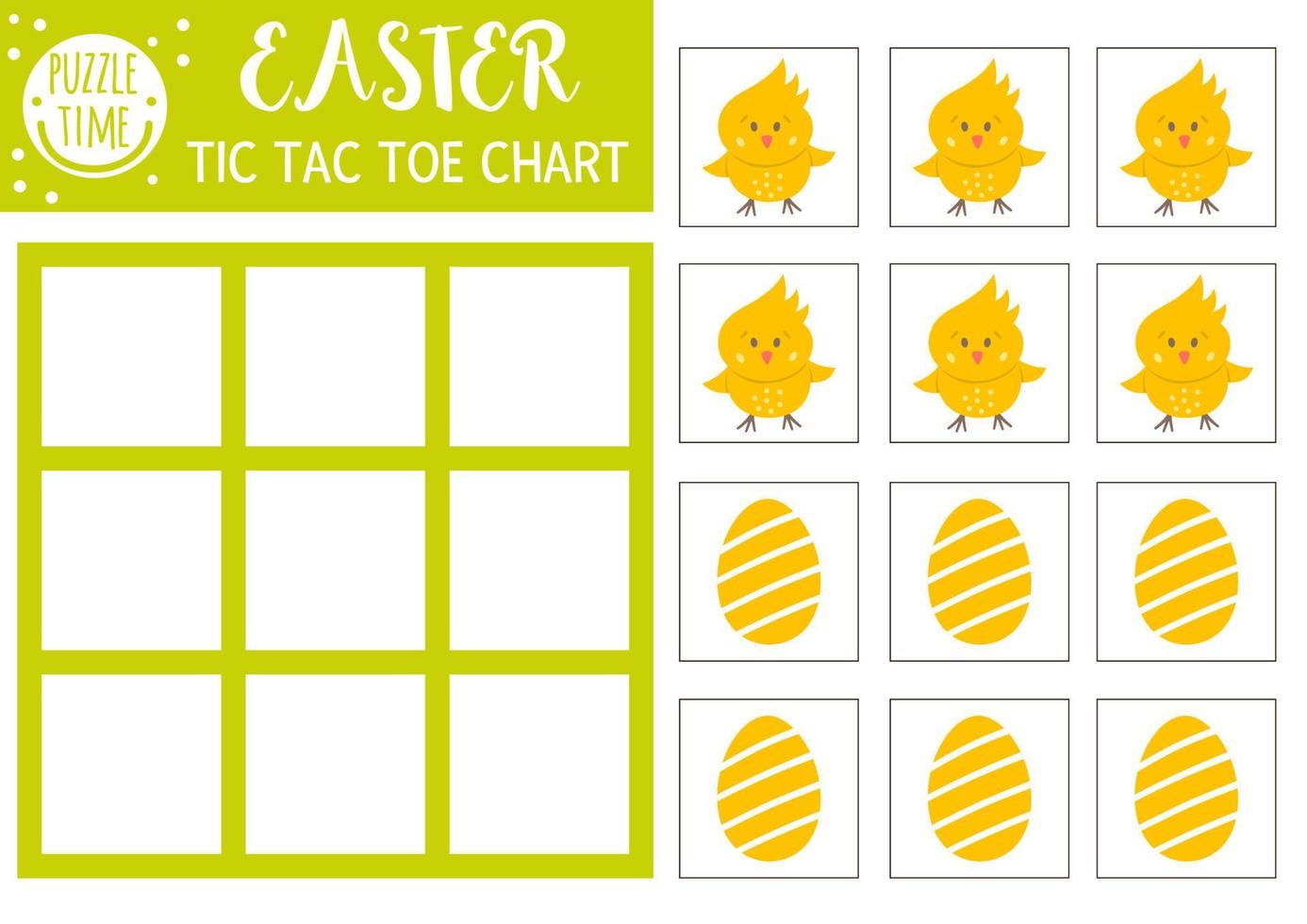 vettore di Pasqua tic tac toe chart con pollo carino e uova. campo da gioco da tavolo per vacanze con carattere tradizionale. divertente foglio di lavoro stampabile primaverile per bambini. griglia di zeri e croci