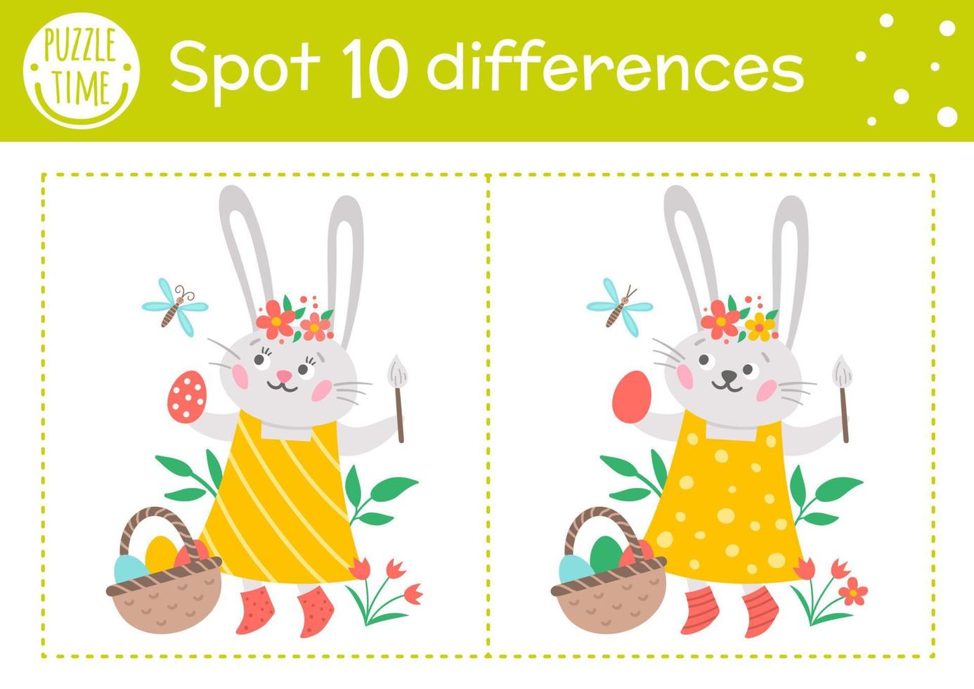 Pasqua trova il gioco delle differenze per i bambini. attività educativa per le vacanze con divertente coniglietta da colorare uovo. foglio di lavoro stampabile con simpatico personaggio. puzzle di primavera per bambini. vettore