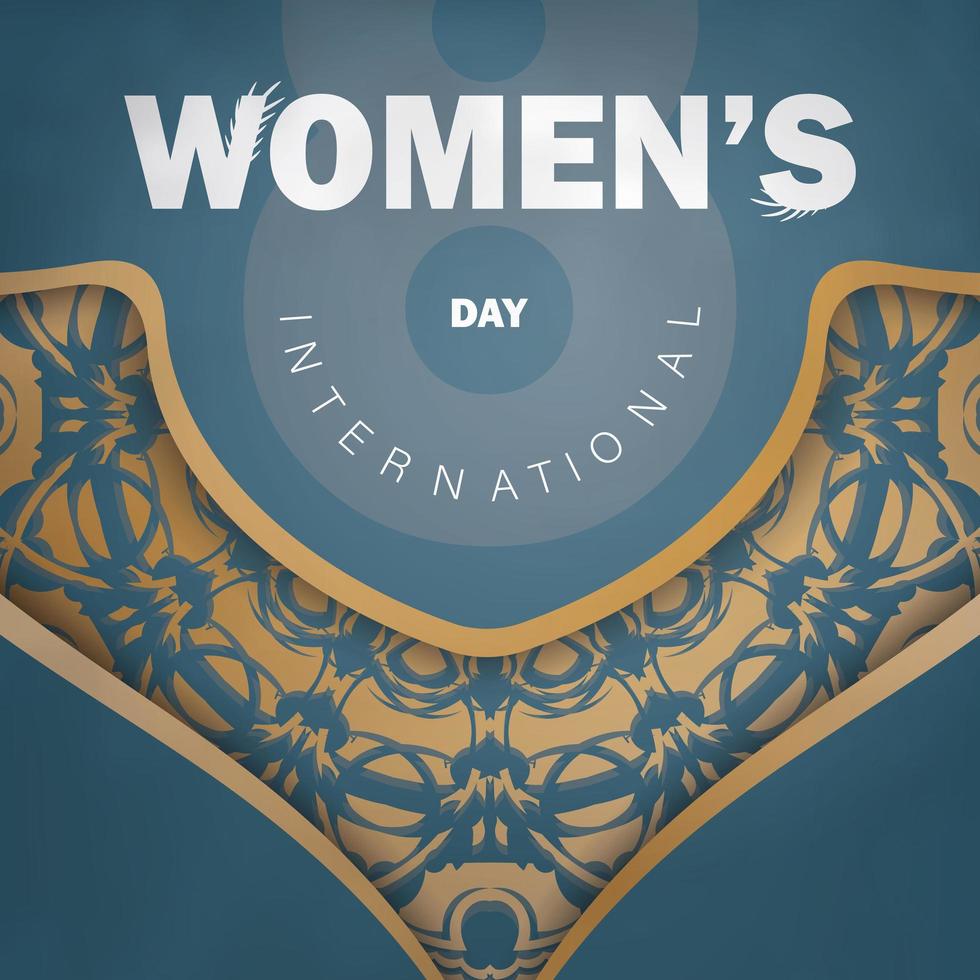 biglietto di auguri 8 marzo giornata internazionale della donna in blu con lussuosi ornamenti dorati vettore