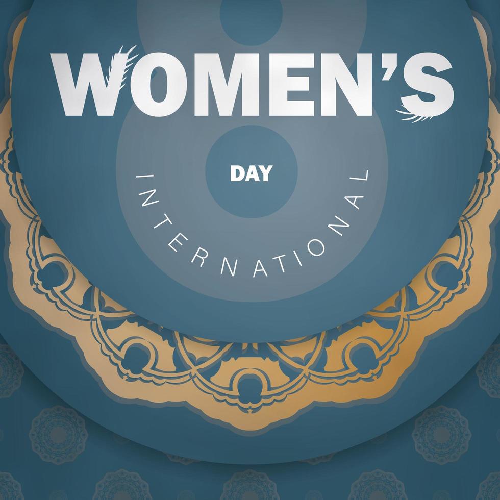 cartolina giornata internazionale della donna in blu con ornamento vintage in oro vettore