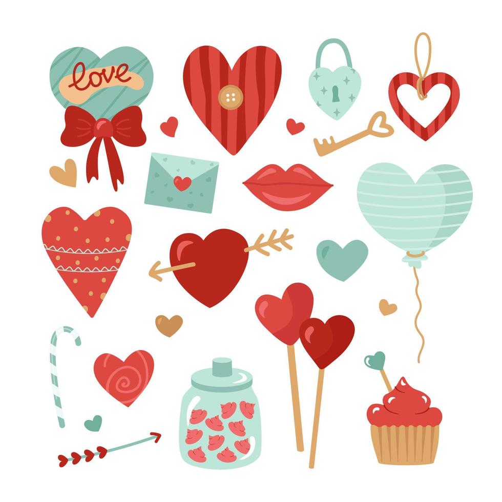 set di cuori romantici per San Valentino. una lettera, un palloncino, labbra, un castello, una torta. illustrazione vettoriale in stile cartone animato per decorazioni festive, design o decorazioni il 14 febbraio.