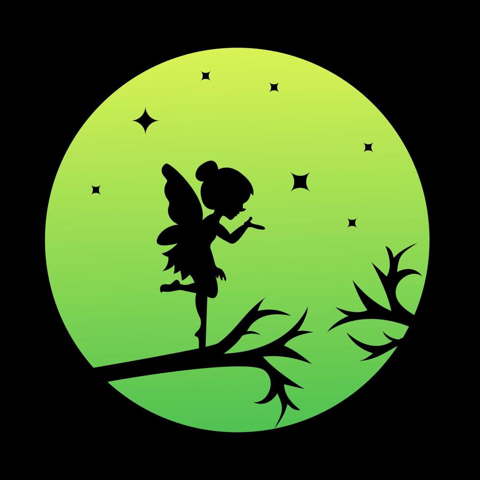 logo silhouette di una fata sulla luna vettore
