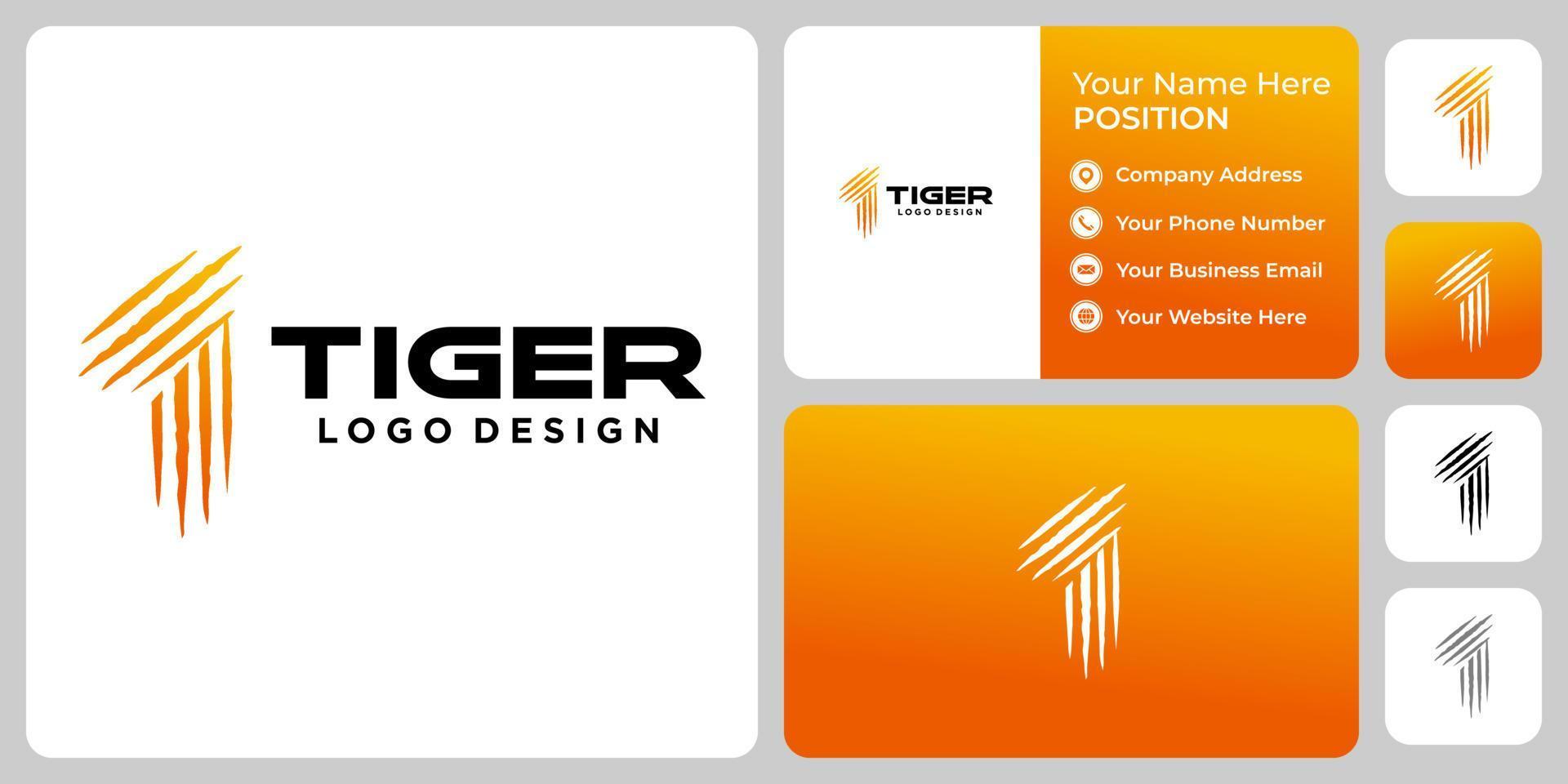 disegno del logo dell'artiglio della tigre del monogramma della lettera t con il modello del biglietto da visita. vettore