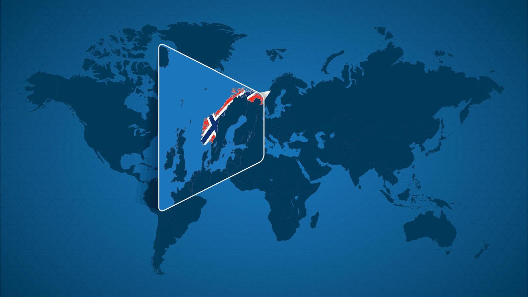 mappa del mondo dettagliata con mappa ingrandita appuntata della Norvegia e dei paesi limitrofi. vettore