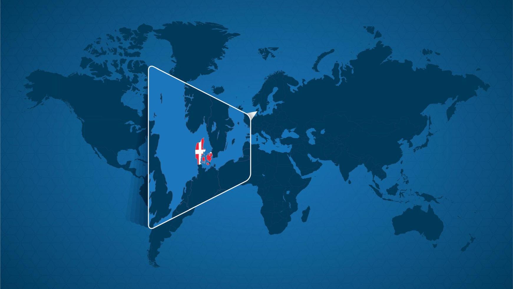 mappa del mondo dettagliata con mappa ingrandita appuntata della Danimarca e dei paesi vicini. vettore