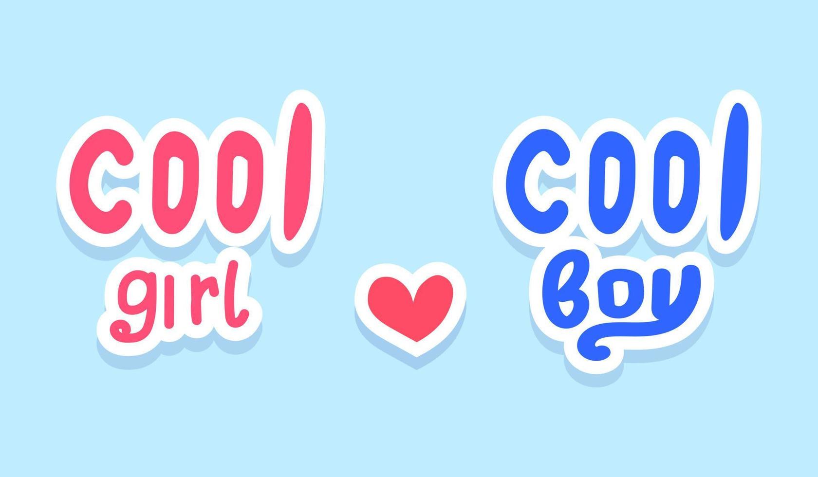 cool boy, cool girl frase, semplice set di adesivi isolati, illustrazione disegnata a mano con doodle piatto, parola scritta vettoriale. amore, relazione, concetto di amicizia. vettore