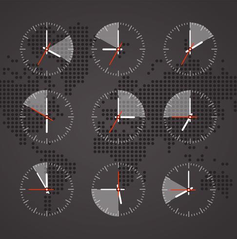 Immagine di un orologio su una mappa di sfondo del mondo con toni scuri continenti vettore