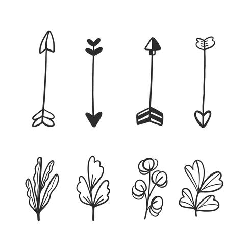 Collezione di frecce e foglie di doodle vettore