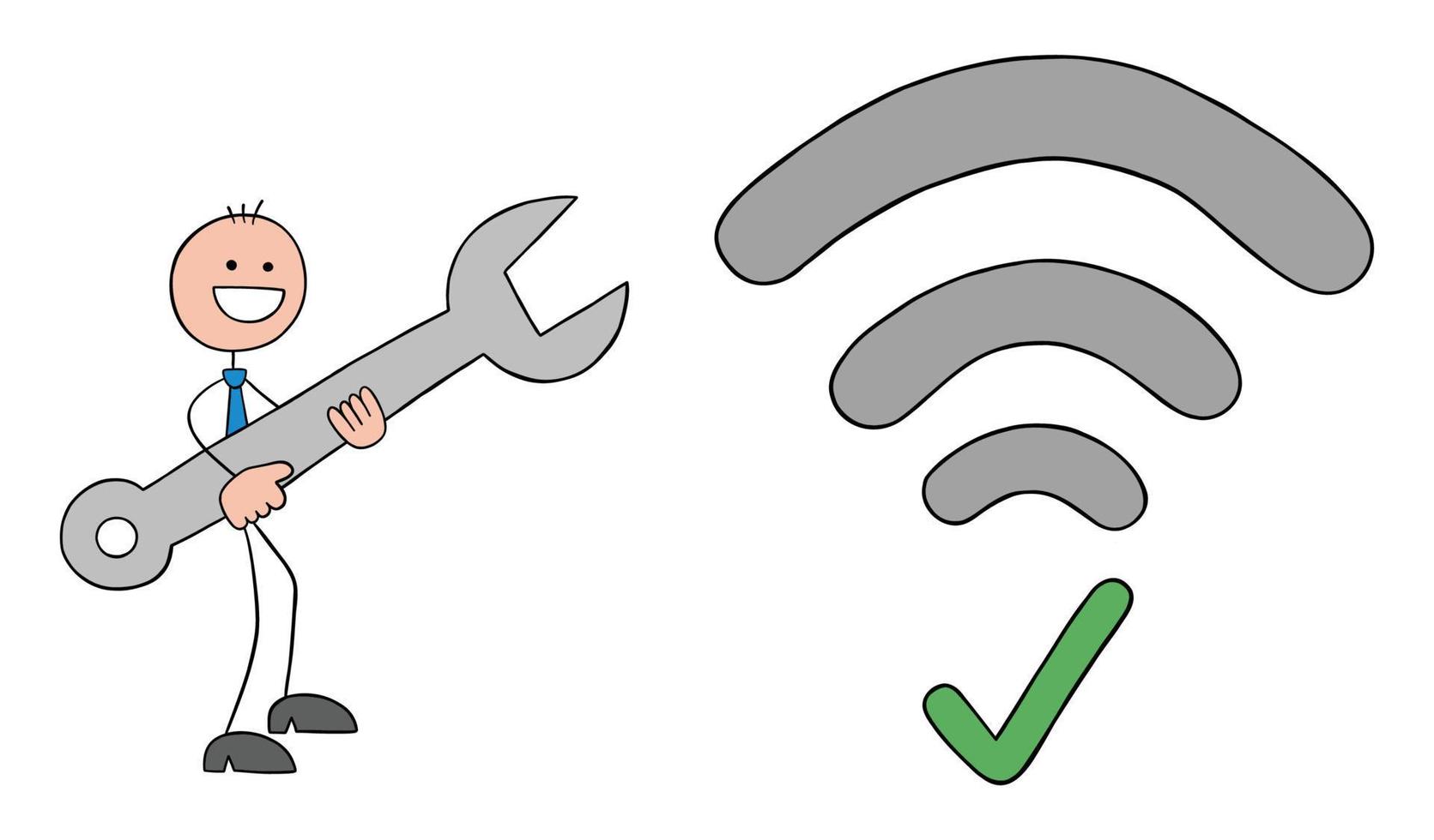 L'uomo d'affari stickman ha una chiave inglese e un errore del segnale wifi fisso, illustrazione vettoriale del fumetto del profilo disegnato a mano