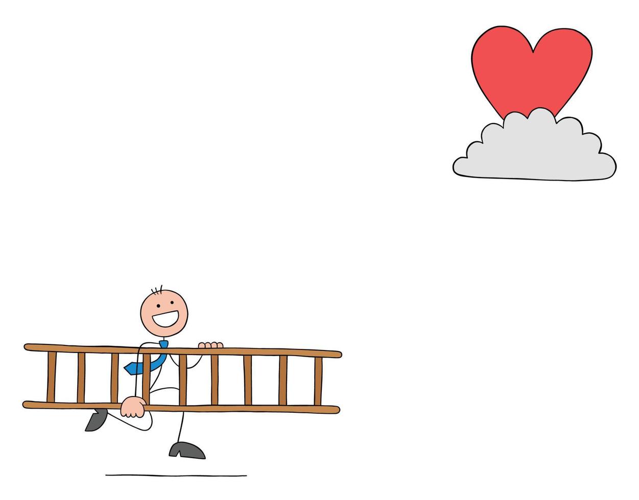 L'uomo d'affari stickman porta la scala di legno per raggiungere il cuore sulla nuvola, illustrazione di vettore del fumetto del profilo disegnato a mano