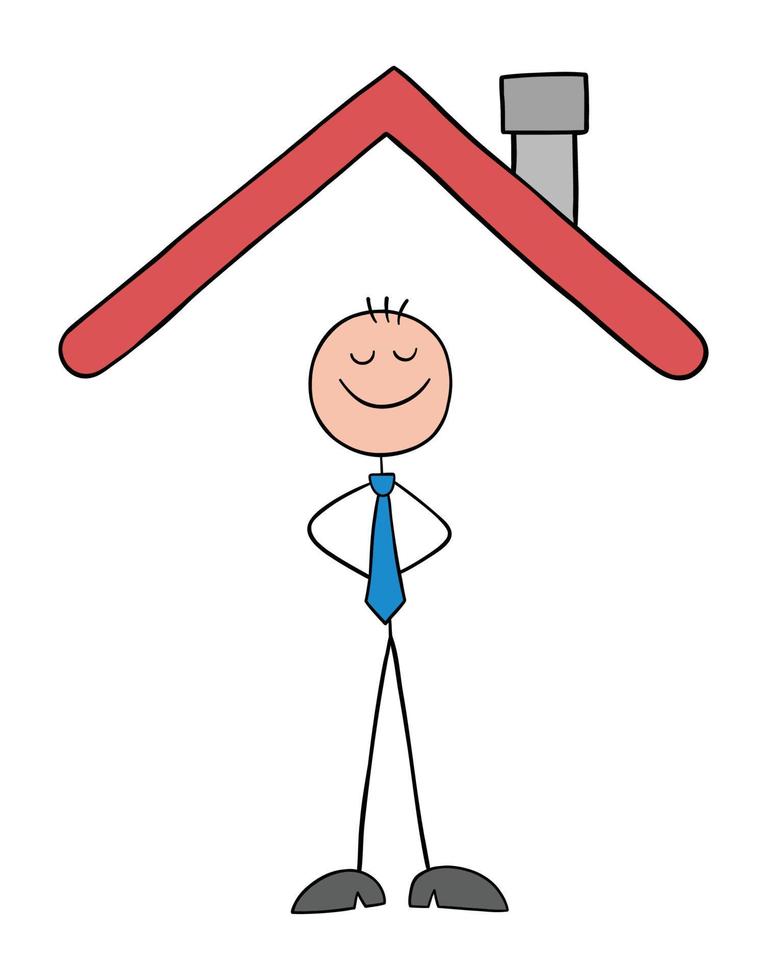 l'uomo d'affari stickman è sotto il tetto della casa ed è felice, illustrazione di vettore del fumetto del profilo disegnato a mano
