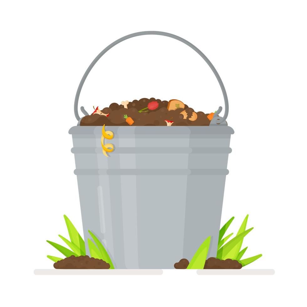 illustrazione vettoriale di un secchio di rifiuti isolato. set di composter da giardino per rifiuti biodegradabili naturali biodegradabili, detriti organici come avanzi di cibo.